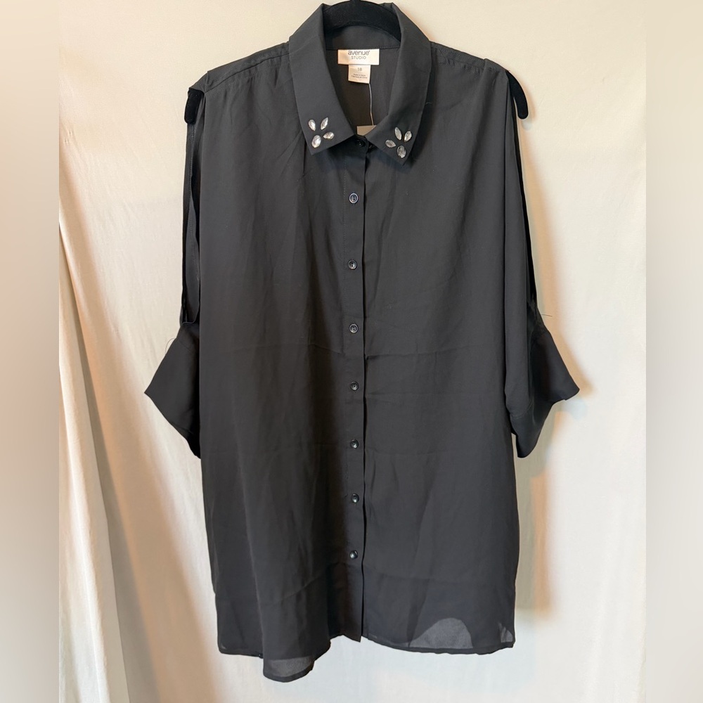 Avenue Black Cold Shoulder Button-Down Shirt with Embellished Collar